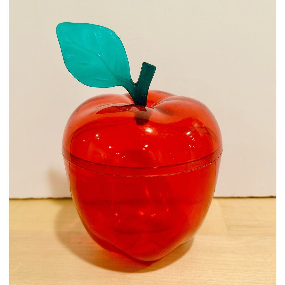 Vintage Red Translucent Plastic Apple Shaped Container Green Leaf Lid Retro MCM